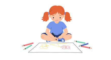 A cute little girl with red pigtails sits cross-legged on the floor, drawing with colored pencils on a large sheet of paper.
