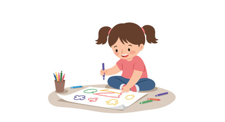A cute little girl with pigtails sitting on the floor, happily drawing colorful shapes on a large piece of paper with crayons.