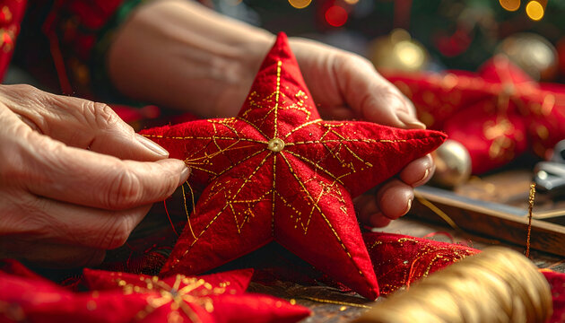 Elderly Hands Crafting Red Star Ornament with Gold Thread, Christmas Decor. - Powered by Adobe