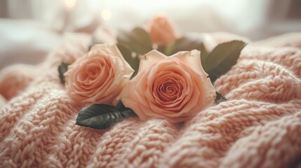 Delicate peach roses on a soft knit blanket