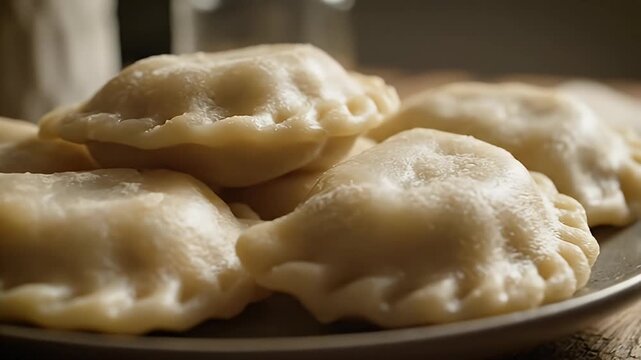 Close-up of freshly boiled pierogi dumplings with crimped edges on a rustic wooden table