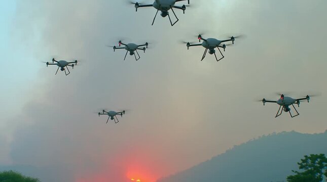 Multiple drones flying over forest monitoring wildfire spreading across mountains during sunset