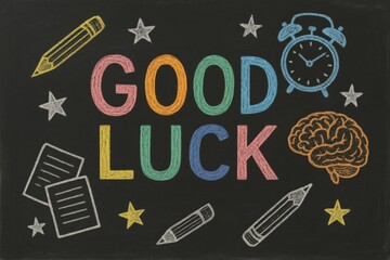 Good luck is written on a black chalkboard with various drawings of school supplies and a clock. The chalkboard is decorated with stars and a brain, giving it a playful and positive vibe