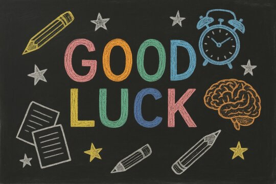 Good luck is written on a black chalkboard with various drawings of school supplies and a clock. The chalkboard is decorated with stars and a brain, giving it a playful and positive vibe