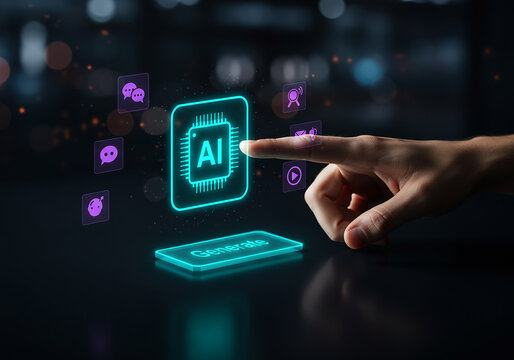 AI-powered technology concept with hand interacting, modern digital interface design