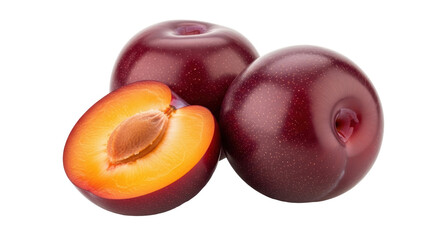 Isolated ripe plums with a cut half and pit still in it offer a nutritious snack choice