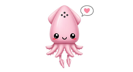 Isolated illustration of a cute pink squid with a love-heart speech bubble, vector art