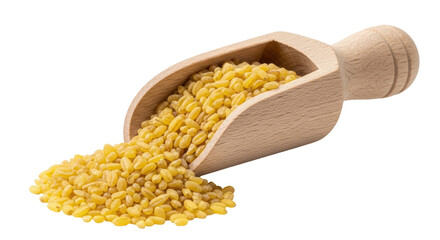 Isolated scoop of raw bulgur wheat, healthy dry grain, natural uncooked food ingredient