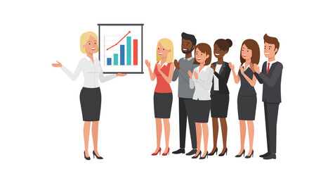 Fototapeta premium A businesswoman receives applause from her diverse team after a successful presentation showing positive growth on a bar chart.