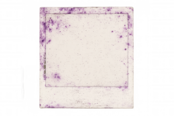 Vintage instant camera photo frame featuring purple grunge stains on transparent backdrop