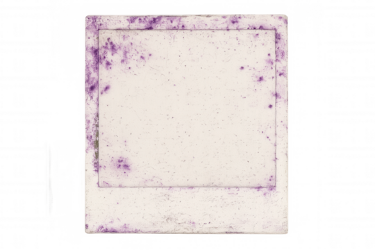 Vintage instant camera photo frame featuring purple grunge stains on transparent backdrop