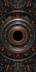 Fototapeta premium Intricate, concentric metallic circles with a dark central void, accented by glowing orange details and symmetrical patterns, suggesting a technological or mystical portal