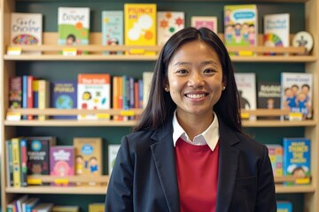 Standing before a bookcase brimming with educational resources and literature.