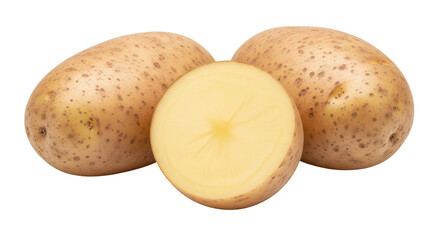 Isolated Yukon Gold potatoes, one cut in half, on a neutral surface for food photography needs