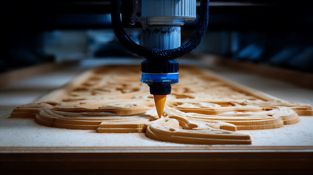 CNC router carving intricate wooden patterns on a workbench