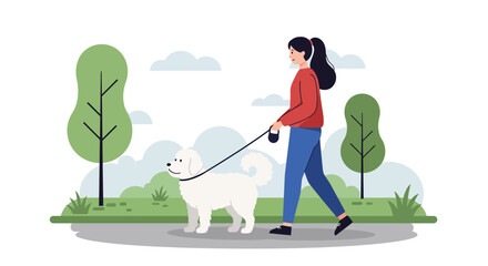 A young woman in a red sweater and blue jeans walks her fluffy white dog on a leash in a green park.