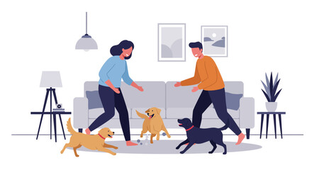 A happy young couple playing with their three adorable dogs in a cozy, modern living room.