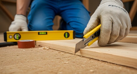  A Carpenter Using a Utility Knife to Cut Wood
