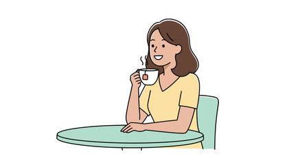 A young woman with brown hair smiling while enjoying a hot cup of tea at a table.