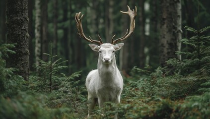 Majestic white deer with large antlers standing in lush forest, wildlife photography for nature concepts