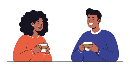 A smiling man and woman enjoy a friendly conversation while sitting at a table holding cups of coffee.