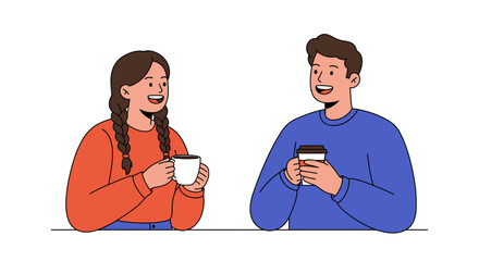 A happy young man and woman enjoying a friendly conversation over coffee, smiling at each other at a table.