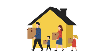A family with two children carrying cardboard boxes while moving into their new yellow house.
