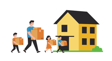 Vector illustration of a happy family, a father and three children, carrying cardboard boxes into their new yellow house.