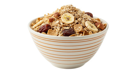 Isolated bowl of mixed cereal with fruit and nuts, nutritious breakfast or snack food