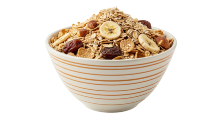 Isolated bowl of mixed cereal with fruit and nuts, nutritious breakfast or snack food