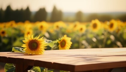 Empty wooden table in the sunflower field, summertime with blurred background 