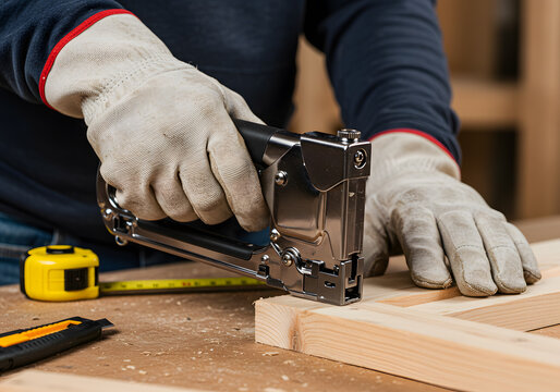 A Carpenter Using a Staple Gun on a Wooden Frame
