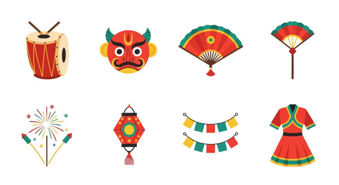 Illustrated Set of Traditional Nepali Festival Objects.