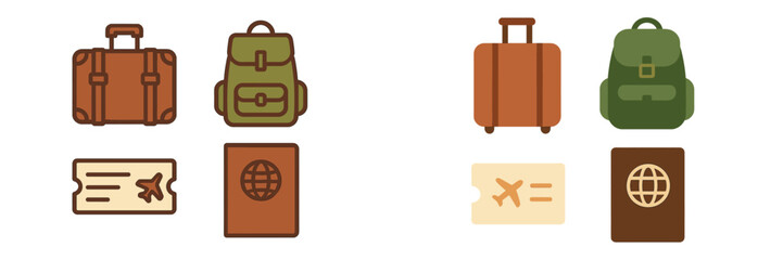 Travel accessories set with suitcases, backpacks, boarding passes, and international passports for global journeys