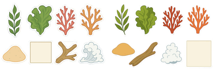 Stylized natural elements set featuring marine plants, sand, driftwood, and ocean waves, perfect for nature-themed designs and coastal aesthetics