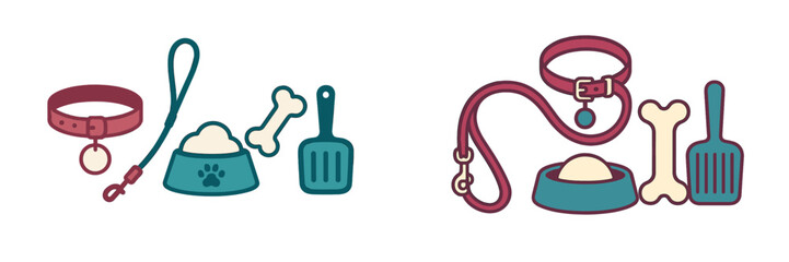 Modern flat design collection of essential dog care accessories including collars leashes food bowls bones and waste scoops