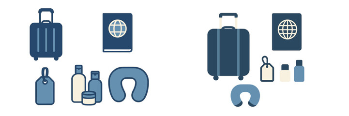 Collection of essential travel items for a journey, including a suitcase, passport, luggage tag, toiletries, and neck pillow