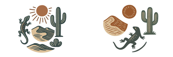 Southwestern desert landscape elements with lizard, saguaro cactus, sun, and sand dunes in a stylized graphic design for nature concepts © icon_art