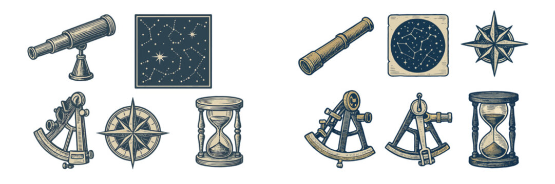 Vintage navigation and astronomy tools with compass, telescope, sextant, hourglass, and constellation maps