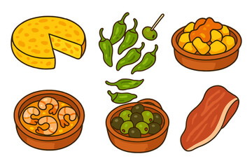 Traditional Spanish tapas food collection with tortilla, patatas bravas, shrimp, olives, peppers, and cured ham