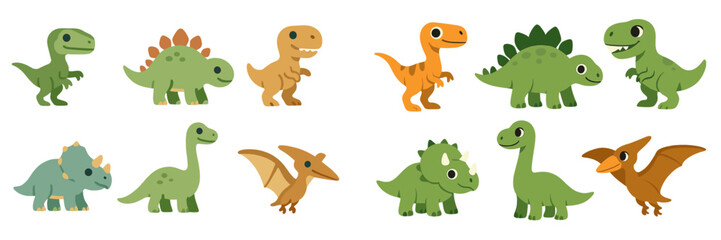 Set of adorable prehistoric dinosaur characters in various poses and colors for children's books and educational materials