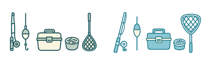 Various fishing equipment and angling accessories including rods, reels, floats, tackle boxes, bait, and nets for outdoor recreation