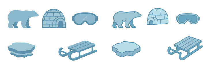 Arctic winter elements set with polar bears, igloos, ice floes, sleds, and ski goggles in a flat graphic style