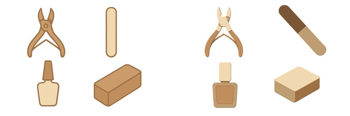 Manicure and pedicure tools set with nail files, cuticle nippers, and polish bottles for beauty and personal care