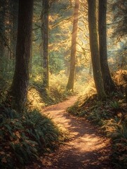 Fototapeta premium Photo of a sunlit forest path surrounded by tall trees and lush greenery