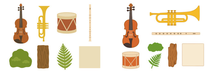 Traditional musical instruments with natural elements: violins, trumpets, drums, flutes, bushes, tree trunks, fern leaves © icon_art
