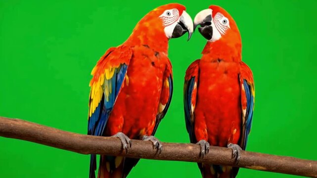 Two scarlet macaws perched on a branch against a green background.
