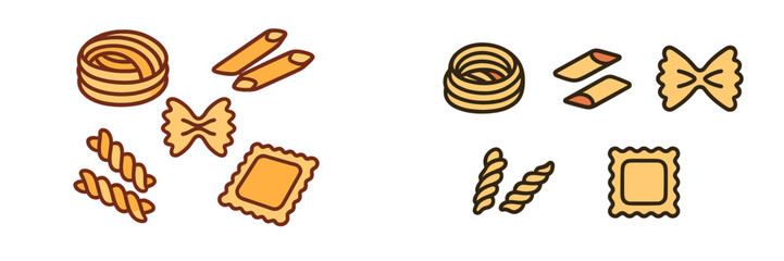 Assortment of different pasta shapes including penne, fusilli, farfalle, tagliatelle, and ravioli