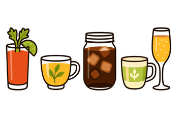 Assortment of refreshing beverages in different glasses and mugs, including coffee, tea, juice, and sparkling wine