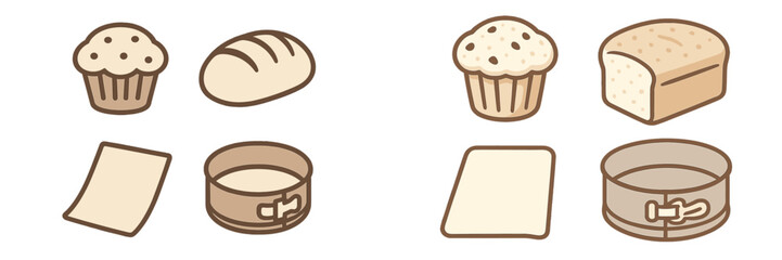 Sweet and savory baked items with baking tools for home cooking and professional pastry making including muffins, bread, dough, and pans